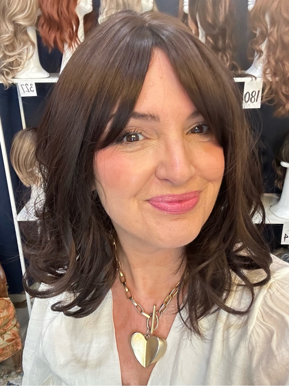 372 Dark Brown Bouncy curl 14” Wavy synthetic Wig with curtain bangs